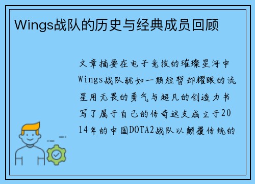 Wings战队的历史与经典成员回顾