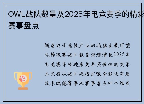 OWL战队数量及2025年电竞赛季的精彩赛事盘点
