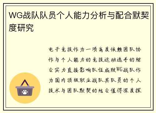 WG战队队员个人能力分析与配合默契度研究