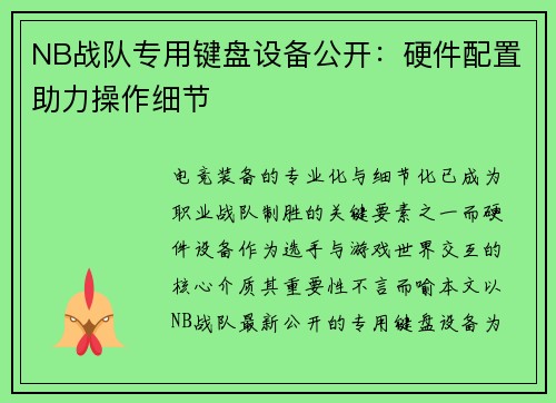 NB战队专用键盘设备公开：硬件配置助力操作细节